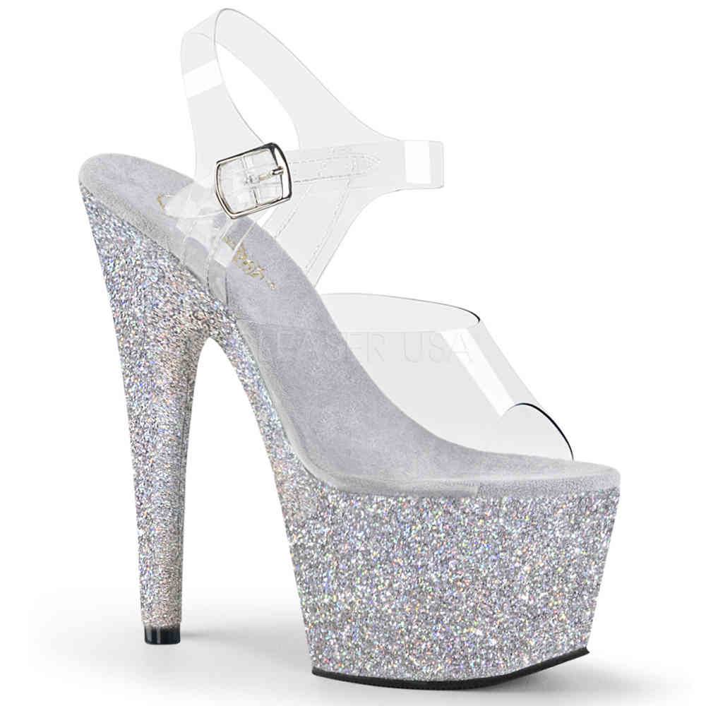 Pleaser - ADORE708HMG Sandale à bride à la cheville, Pole dance chaussures - Chaussures de pole dance - Couleur argent/Transparent Product image